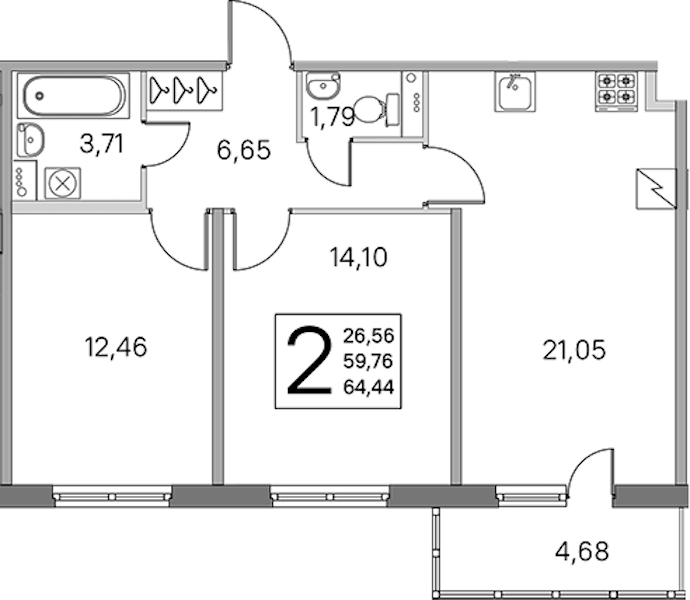 2-комнатная квартира 59.76 м², 2/5 эт., ЖК «ЮгТаун. Олимпийские кварталы»